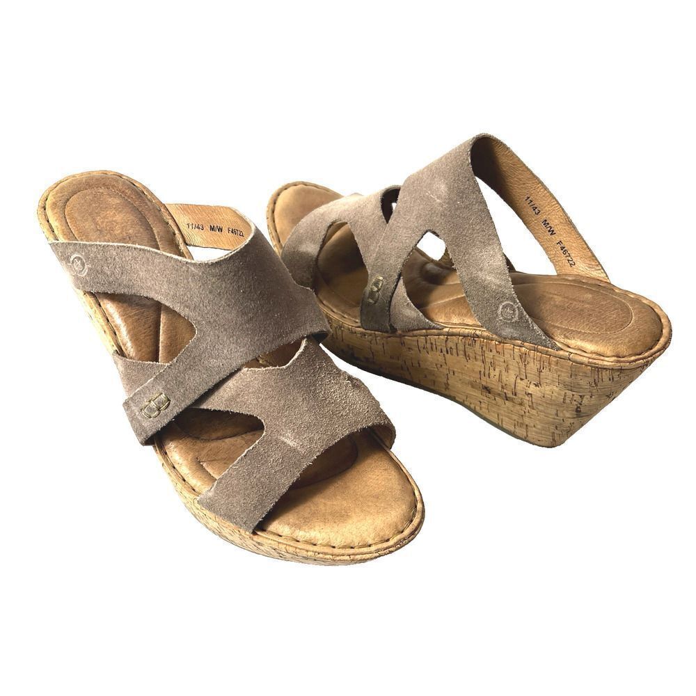 Born Tan Suede Wedge Cork Sandals Womens Sz 11 M Slip On Open Toe Comfort Casual